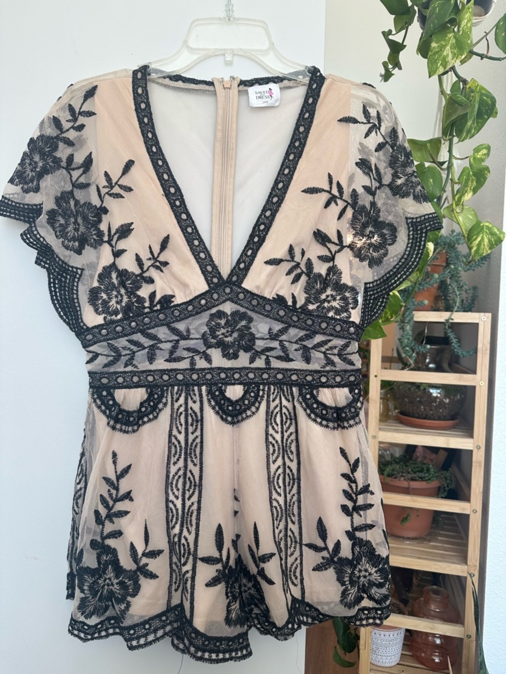 Saved By The Dress Beige and Black Lace V-Neck Romper